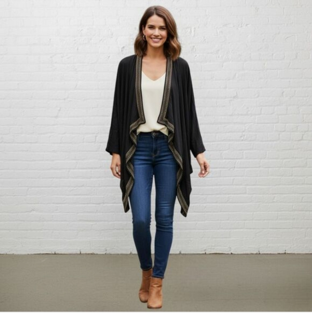 SOFT SURROUNDINGS Embroidered Open Waterfall Cardigan Duster Kimono L